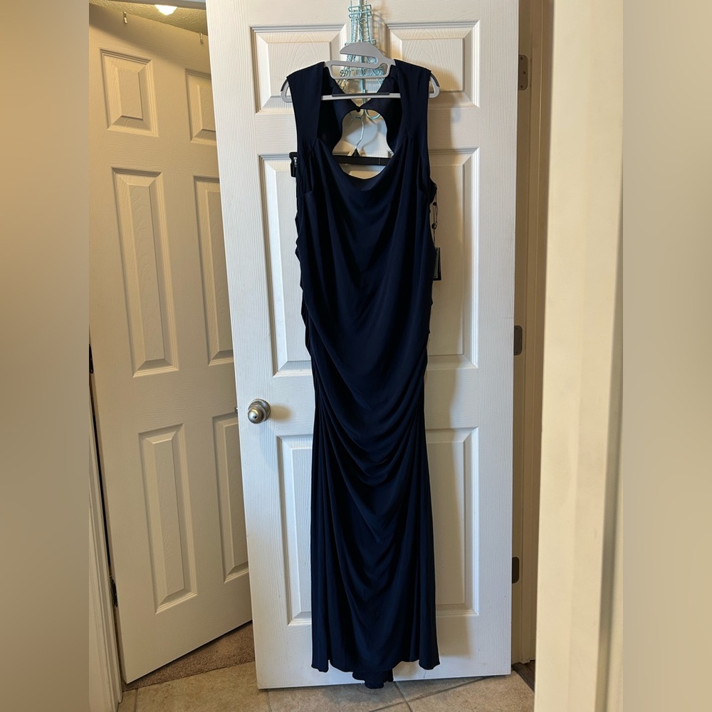 Adrianna Papell 24W Midnight Navy Blue Backless Sleeveless Jersey Gown Dress NWT